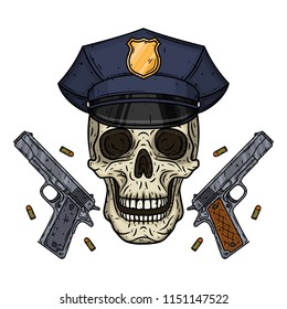 Skull. Policman skull. Vector illustration of human skull in police cap and two pistols