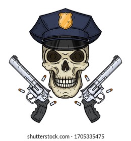 Calavera. El cráneo de los policías. Ilustración vectorial del cráneo humano en la gorra de la policía y dos revólveres