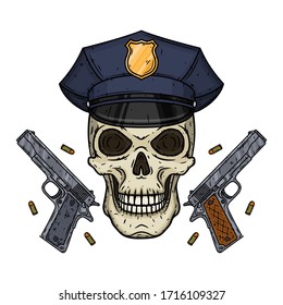 Calavera. El cráneo de los policías. Ilustración vectorial del cráneo humano en la gorra de la policía y dos pistolas