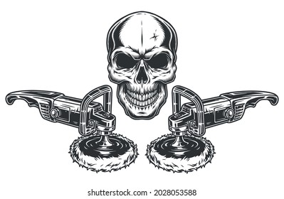 Skull and polishing machines in vintage style on white background isolated vector illustration