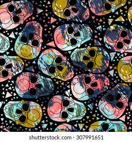 Skull with polygonal ornament. Halloween. Seamless abstract pattern with dashed lines. Vector illustration. Cartoon vector hand-drawn Doodles in bright colors. Colorful background.  Freehand drawing.