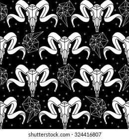 Skull with polygonal ornament.Halloween.Seamless abstract pattern with crosses..Aurora skull.Vector illustration.