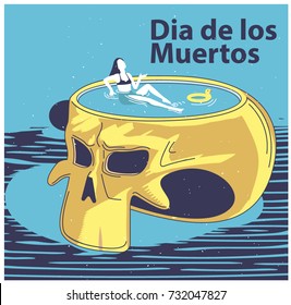 Skull pool illustration. Dia de Muertos. Day of the Dead traditional mexican festival. 
