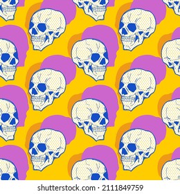 Skull pop art pattern seamless. head skeleton background. retro vector texture