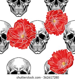 Skull and poppies. Vector seamless pattern