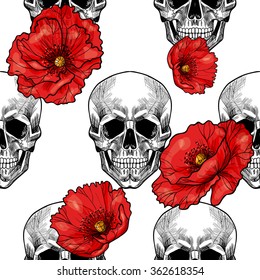 Skull and  poppies. Vector seamless pattern