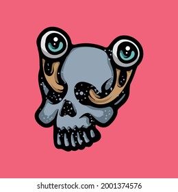 Skull with popping out eyes vector concept. Horror illustration isolated on pink background