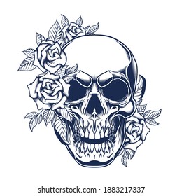 Skull poster design. Vector illustration of human skull with roses in engraving technique isolated on white background. 