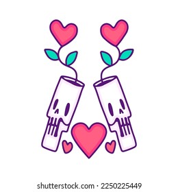 Skull pot with love flowers cartoon, illustration for t-shirt, sticker, or apparel merchandise. With modern pop style.
