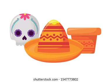 skull with pot plant and hat mexican vector illustration design