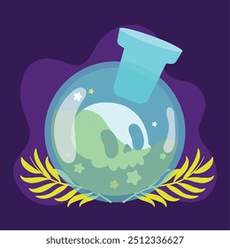 Skull potion bottle with floating stars on dark purple background Vector illustration