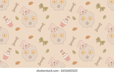 Skull and Potion Halloween Seamless Pattern in Pastel Beige