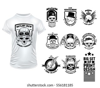 Skull print design set with typographic emblems for shirt in vintage style isolated vector illustration