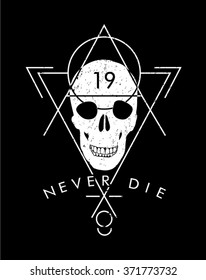 Skull print with geometric shapes and text on it.