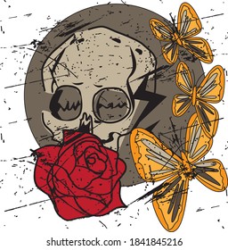 skull print with roses - vector