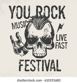 Skull print for t-shirt.Rock music festival vector print.