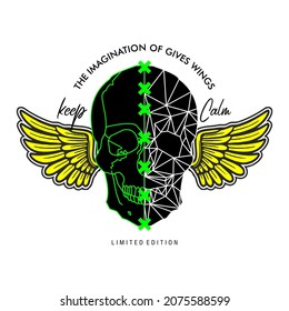 skull print, your imagination gives you wings, keep calm
limited edition, winged skull, t-shirt artwork ideal for screen printing and t-shirt making.