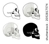 Skull profile. Detailed anatomy and halftone silhouette skulls, skeleton head side set, cranium pictures, simple brainpan symbols isolated on white background