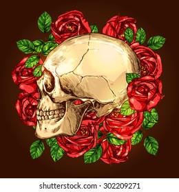 Skull In Profile With Flowers. Skull And Roses Hand Drawn Vintage Illustration