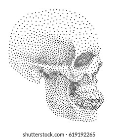 Skull in profile on white background.. Simple black points on white background. Digital pointillism. Points set in shape of skull
