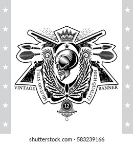 Skull profile view in center of palm wreath with cross rifle and arrows. Heraldic vintage label on white