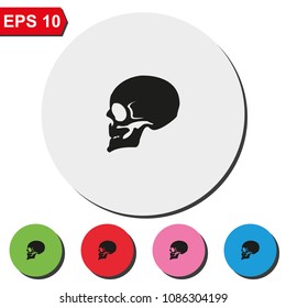 Skull profile view flat round colorful vector icon.