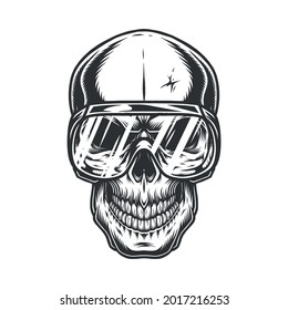 Skull in protective glasses in vintage monochrome style isolated vector illustration