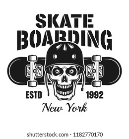 Skull in protective helmet and skateboard vector emblem in vintage monochrome style isolated on white background