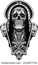 skull psychedelic sketch tattoo print vector illustration