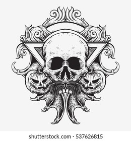 skull and pumpkin art combination hand drawing 