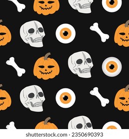Skull, pumpkin, eye and bone seamless pattern. Halloween vector illustration. Great for prints, digital paper, textile
