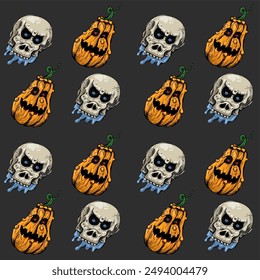 Skull and pumpkin, halloween pattern - vecto background, pattern