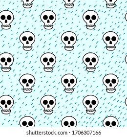 Skull and pumpkin hand drawn halloween doodle seamless pattern on light blue background