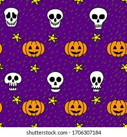 Skull and pumpkin hand drawn halloween doodle seamless pattern on violet background