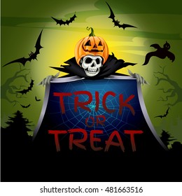 Skull pumpkin head open cape have trick or treat text inside on green Moon background, illustration.