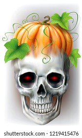 Skull with pumpkin and leaves on the head on a gray background. Vector illustration 