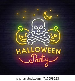 Skull and pumpkin neon sign. Happy Halloween. Neon sign, bright signboard, light banner. 