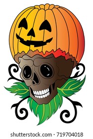 Skull pumpkin tattoo Halloween day.Hand drawing and make graphic vector.