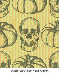 Skull and pumpkin, vector seamless pattern