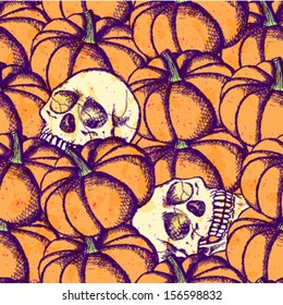 Skull and pumpkin, vector seamless pattern