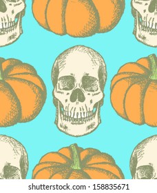 Skull and pumpkin, vector seamless pattern 