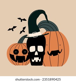 Calavera y calabazas para Halloween. Ilustración vectorial con estilo dibujado a mano.