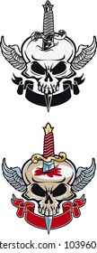 skull punched by dagger, wings and banner