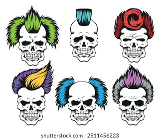 Cráneo punk con el pelo teñido de color creativo personaje de Halloween conjunto Vector ilustración plana. Divertido retrato de hueso de cabeza humana de anatomía con peinado brillante horror de roca mal miedo diseño contorneado