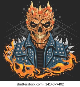 SKULL PUNK HEAD WITH JACKET, FOR BAND COVER OR BIKER LOGO, WITH FIRE , GOOD FOR ELEMENT DESIGN OR TSHIRT ARTWORK VECTOR