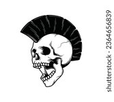 Skull Punk with Mohawk Hair Vector Illustration. Design element for shirt design, logo, sign, poster, banner, card