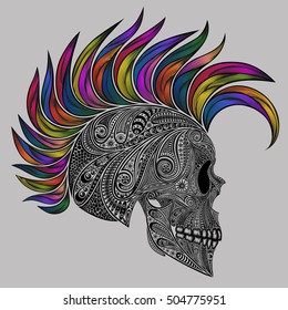 The skull of punk. Vector human skull made of flowers and colored Mohawk