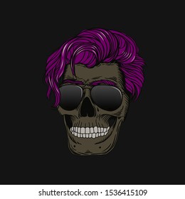 Skull with purple hair and glasses.Stylish men's hairstyle. Picture for halloween, barbershop and clothes.