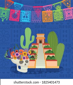 cactus de la pirámide del cráneo y el día méxico del diseño muerto, el turismo cultural mexicano y el tema del partido Ilustración vectorial