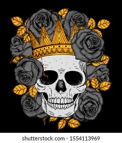 Skull of queen hand drawn illustration. Tattoo vintage print. Crown, black roses and skull colorful illustration. Vector print. Gold crown on the skull